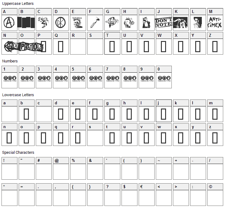 Punk Dingbats Font Character Map