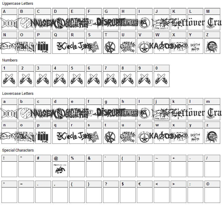 Punk Rawk Font Character Map