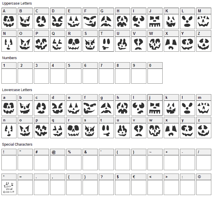Punkinhead Font Character Map