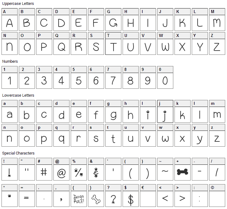 Puppy Bellies Font Character Map