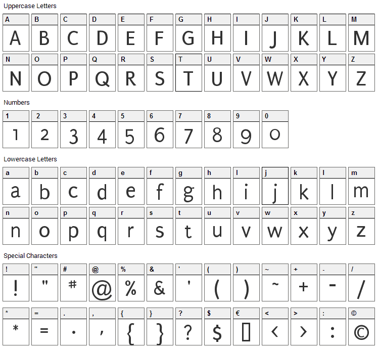 Puritan Font Character Map