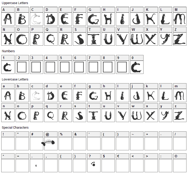 Pussyfoot Font Character Map