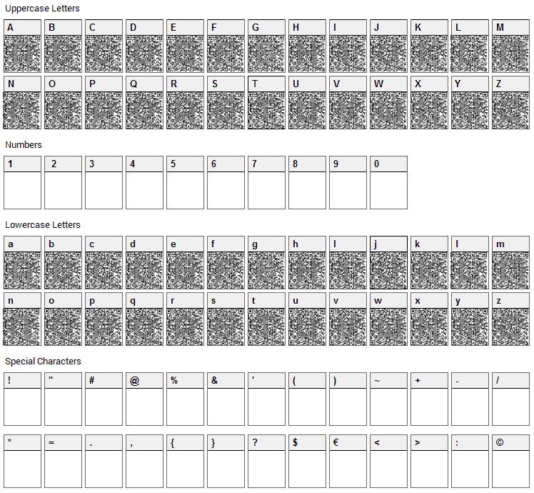 QRcodeX Font Character Map