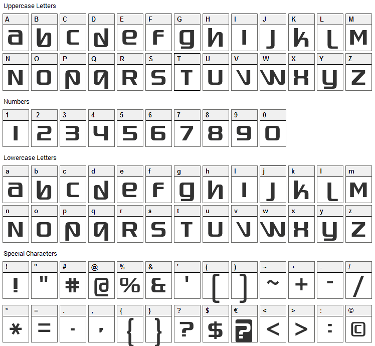 Quadaptor Font Character Map