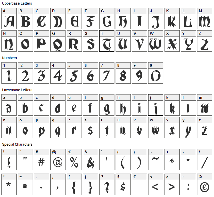 Quael Gothic Font Character Map