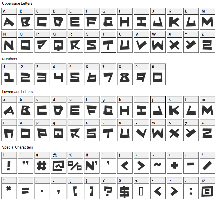 Quake n Shake Font Character Map