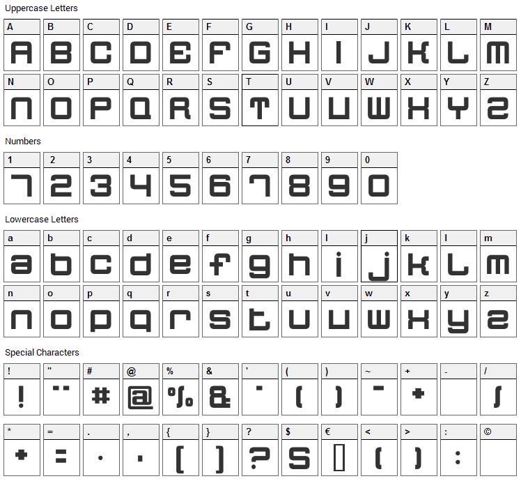 Quatron Font Character Map