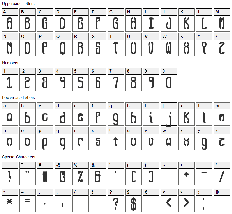 Queasy Font Character Map