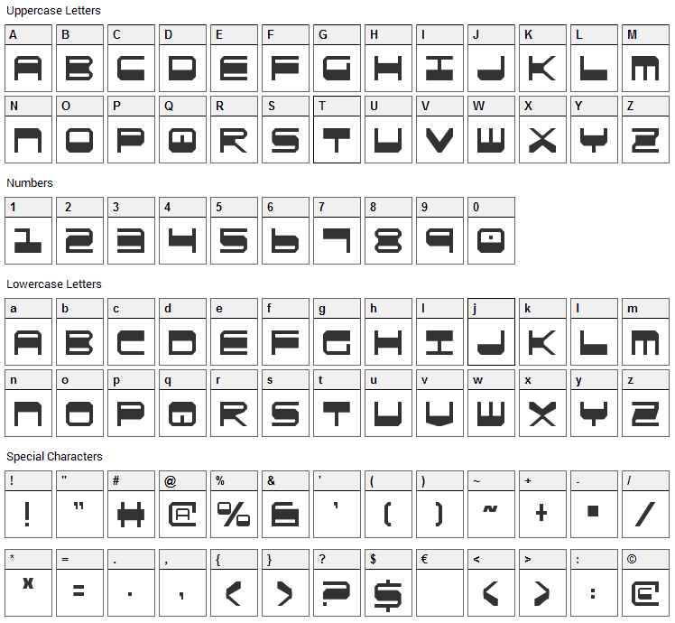 Quick Gear Font Character Map