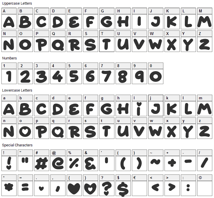 Quick Love Font Character Map