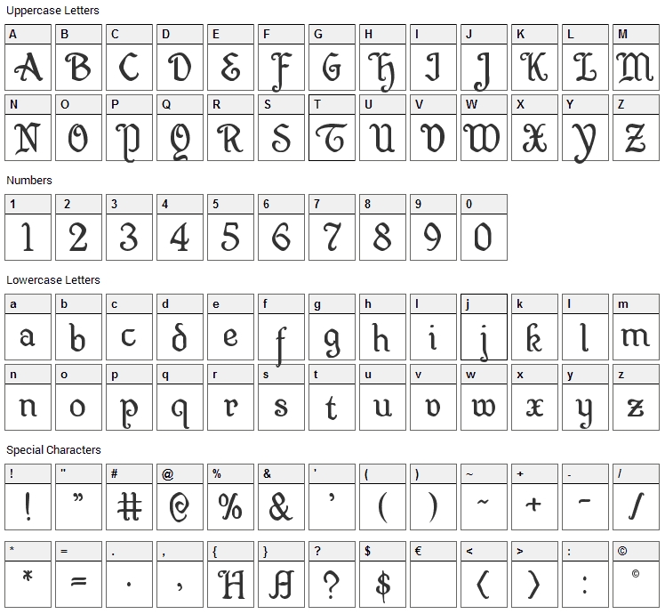 Quill Sword Font Character Map