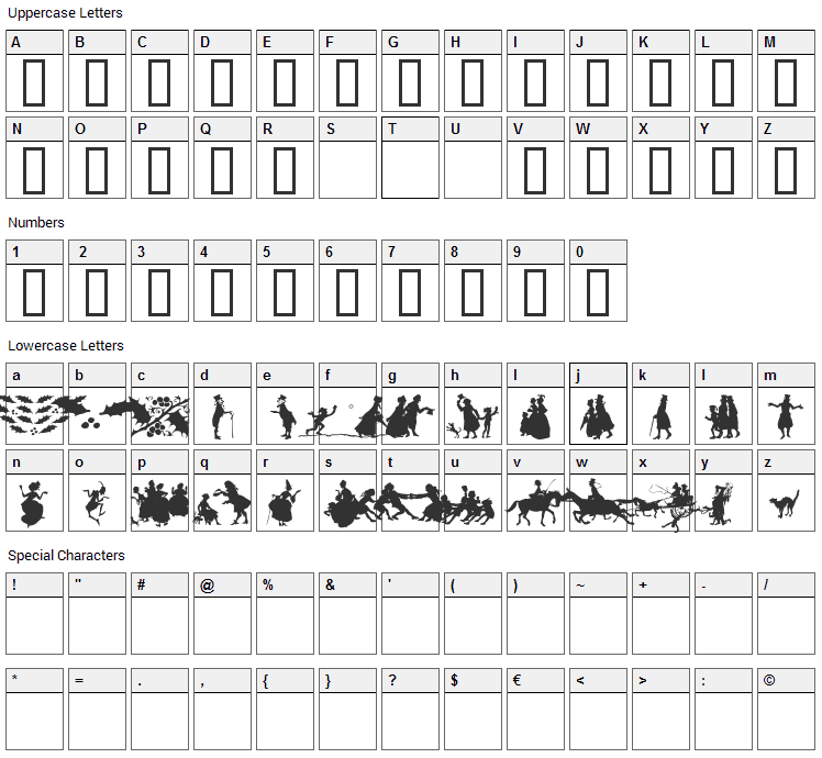 Rackham Holiday Ornament Font Character Map