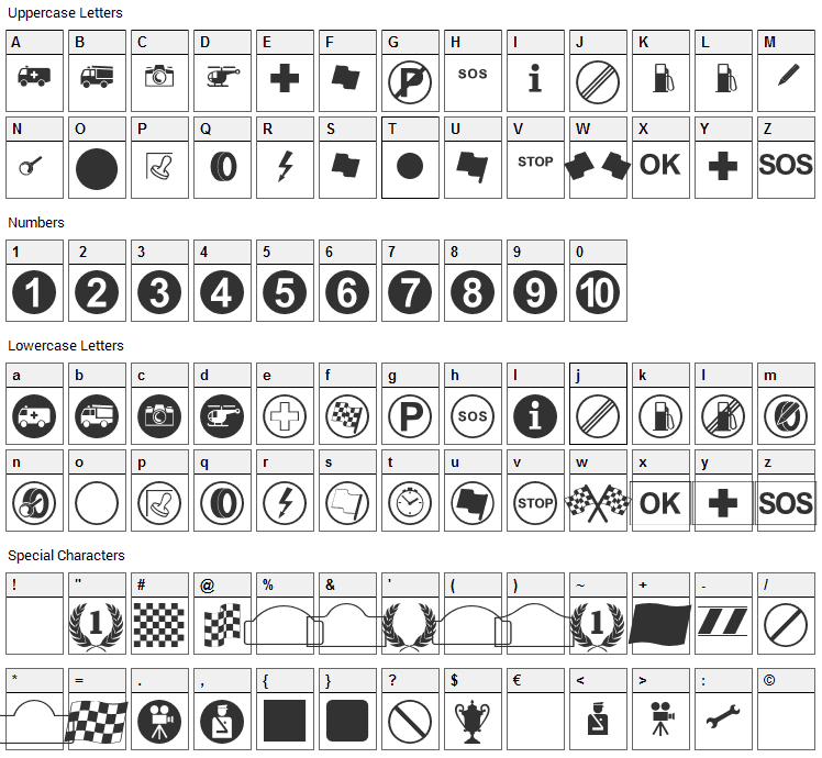 Rally Symbols Font Character Map