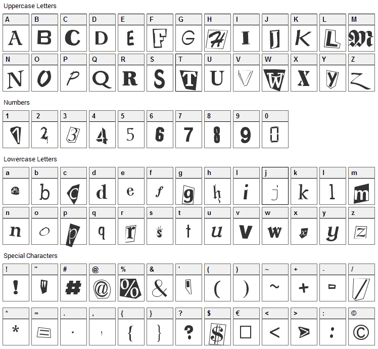 Ransom Note Font Character Map