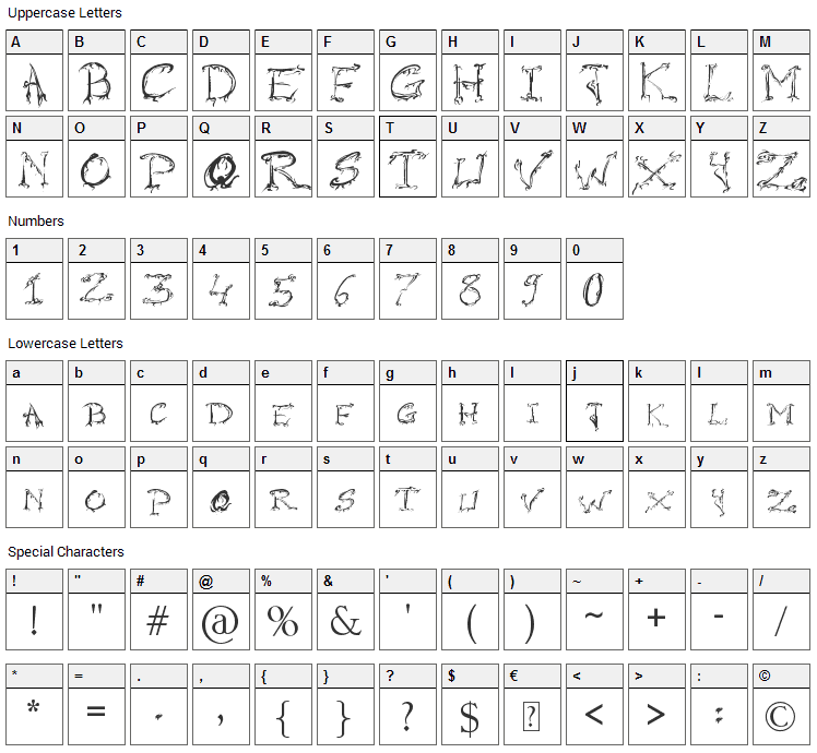 Raslani Horrorz Font Character Map