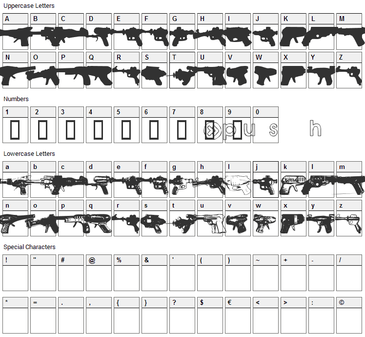 Rayguns Font Character Map