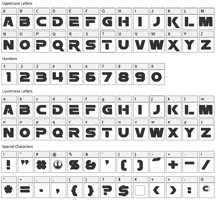 Rebellion Font Character Map