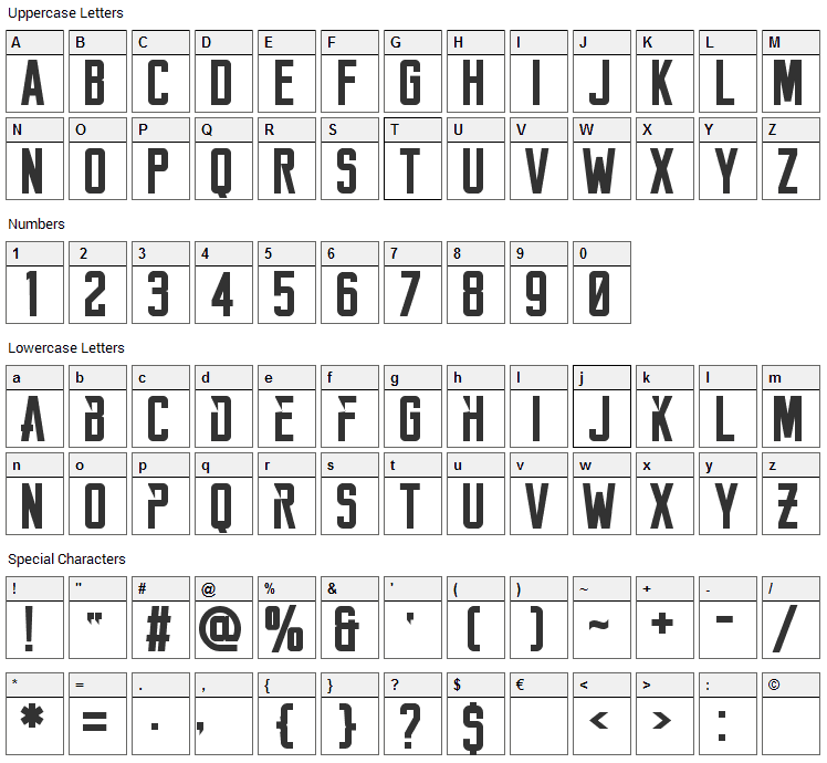 Reckoner Font Character Map