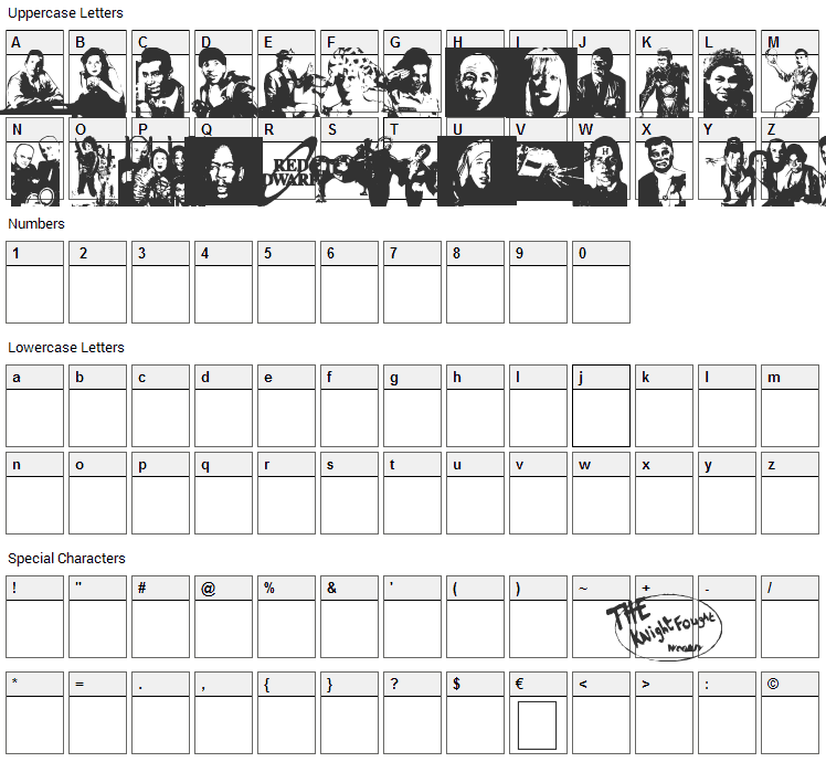 Red Dwarf Characters Font Character Map