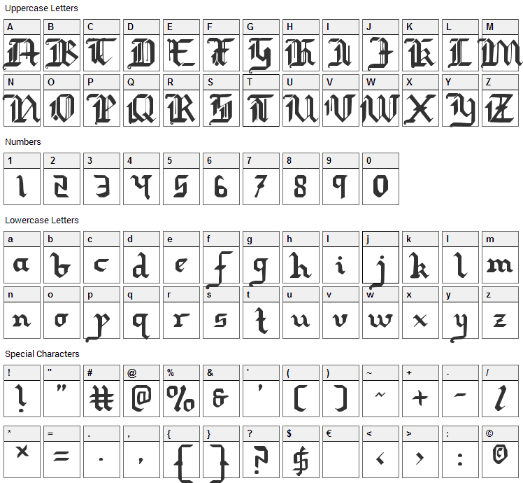 Redcoat Font Character Map