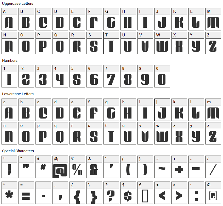 Redford Font Character Map