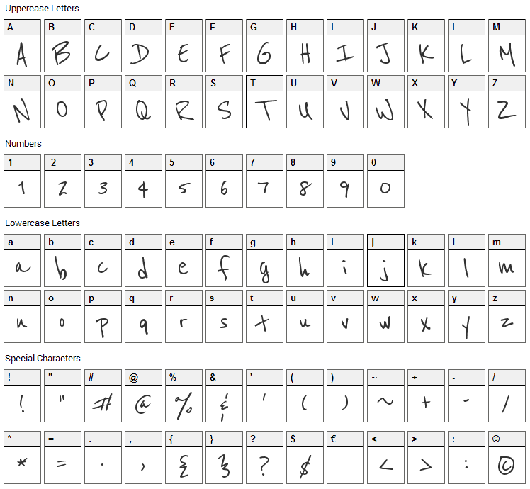 Reenie Beanie Font Character Map