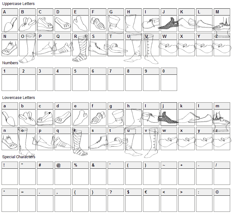 Renaissance Shoes Font Character Map