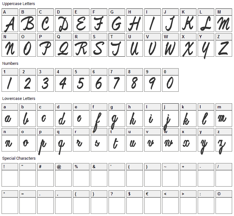 ReproxScript Font Character Map