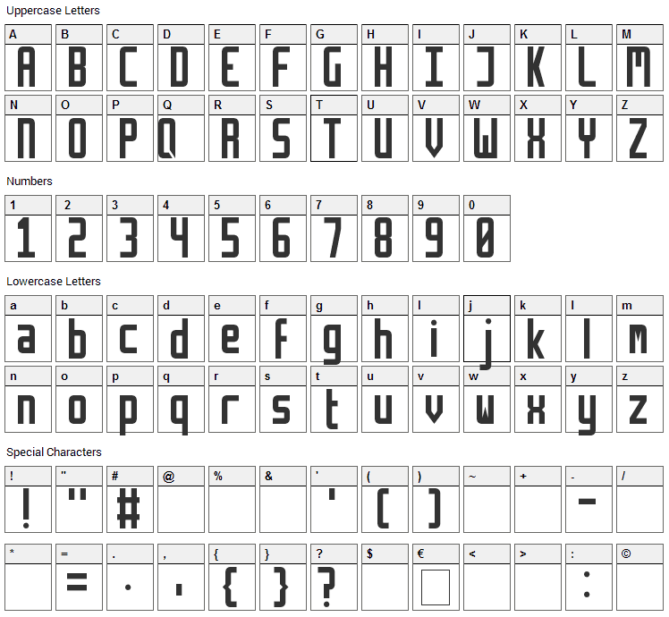 Retriga Font Character Map