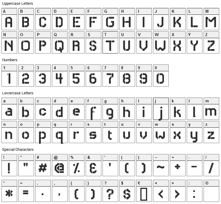 RH Carrier Stencil Font Character Map