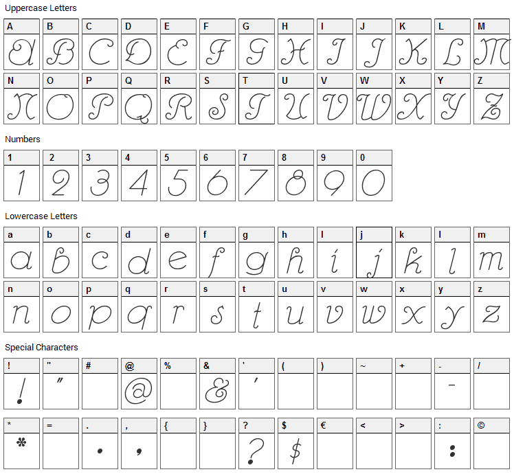 Rhumba Script Font Character Map