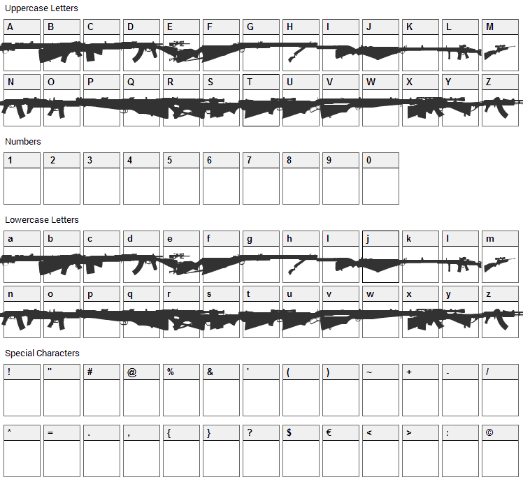 Rifle Bats Font Character Map