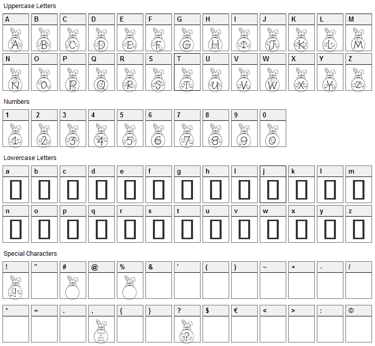 RM Bunny Font Character Map