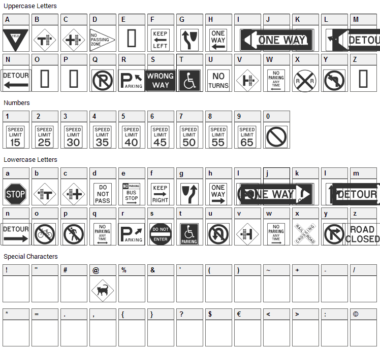 Road Signs Font Character Map