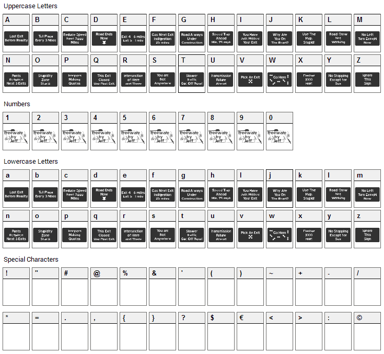 Road to Nowhere JL Font Character Map