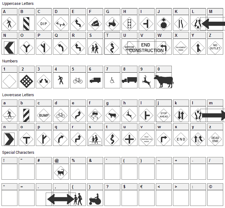 Road Warning Signs Font Character Map