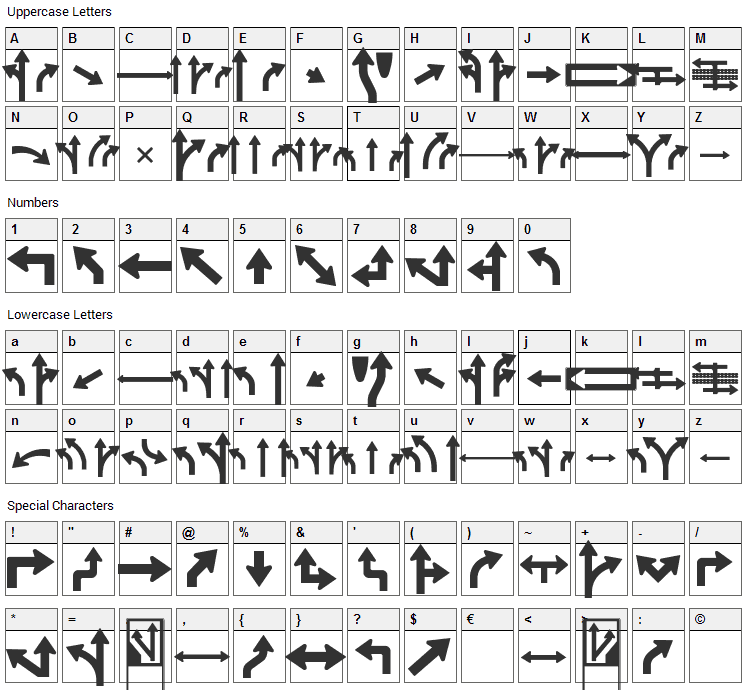 Roadgeek 2005 Arrows Font Character Map