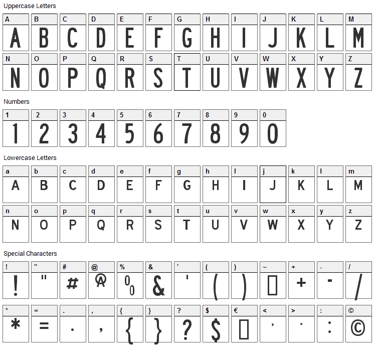 Roadway Font Character Map