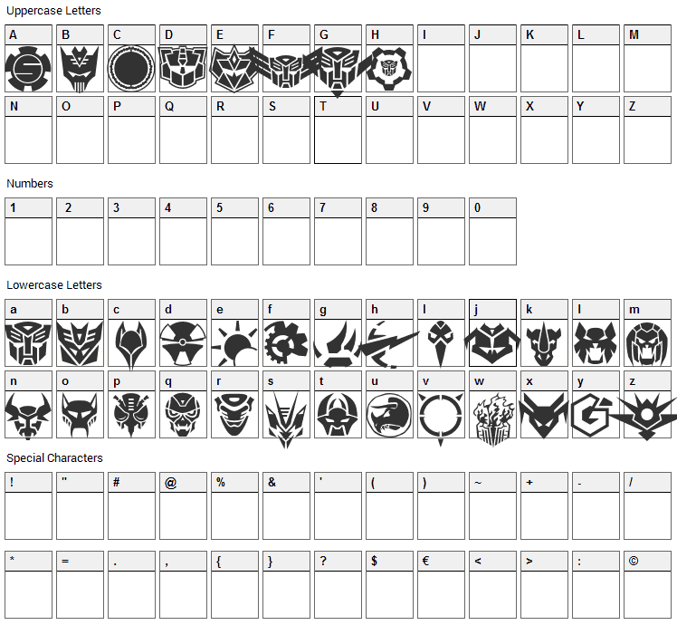 Robofan Symbol Font Character Map