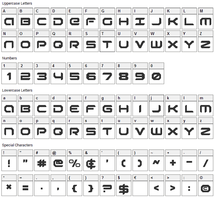 Robotaur Font Character Map