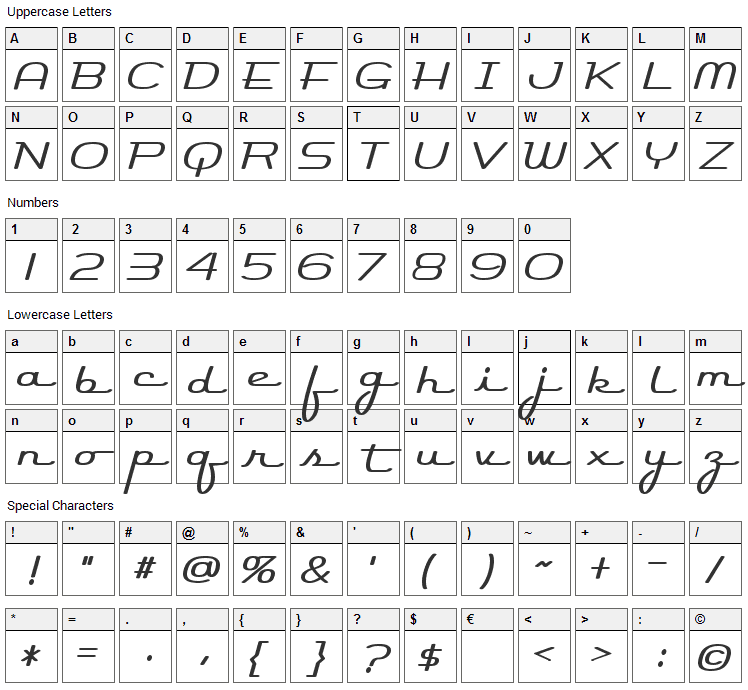 Rocket Script Font Character Map
