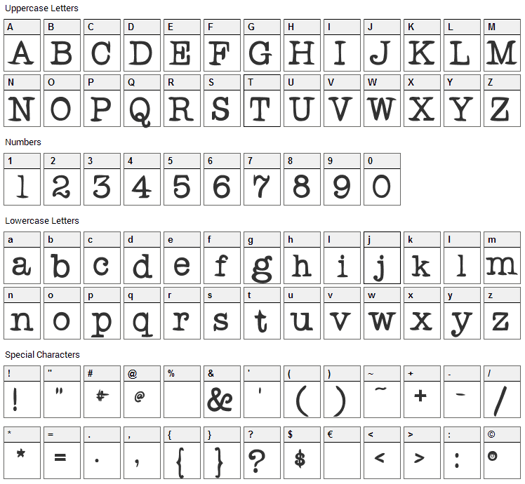 Rogers Typewriter Font Character Map