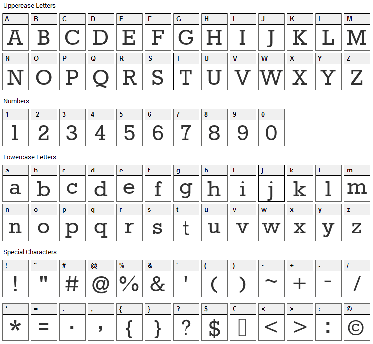 Rokkitt Font Character Map