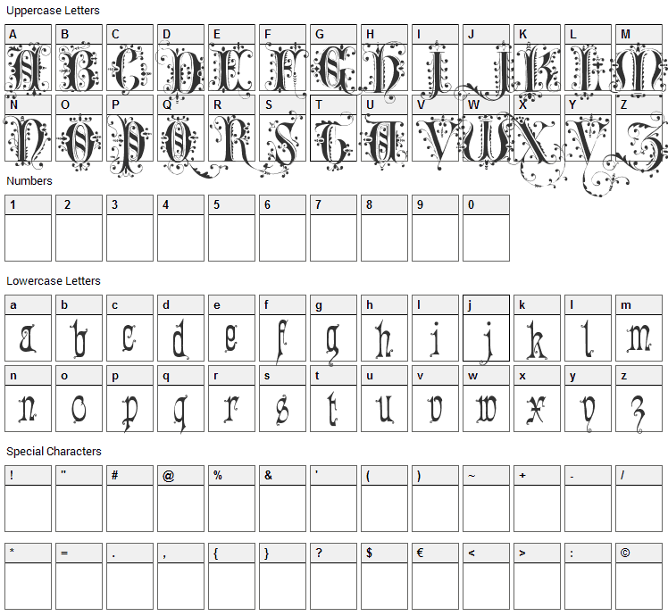 Romantically Yours Font Character Map