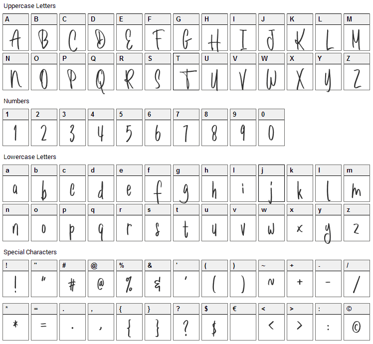 Romantick Font Character Map