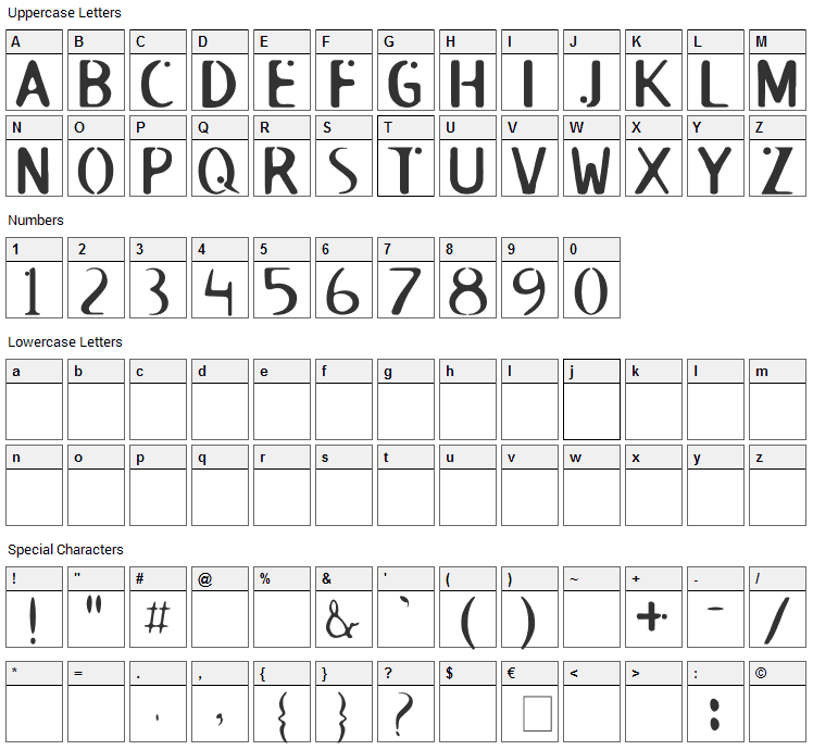 Roswell Font Character Map