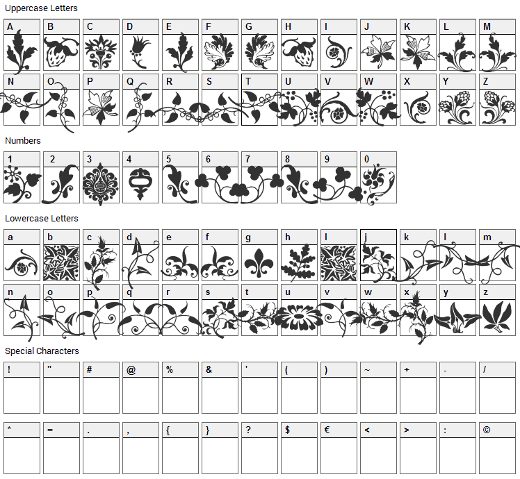 Rough Fleurons Font Character Map