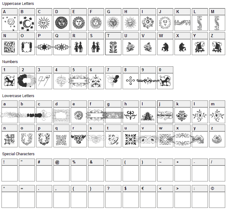 Rough Ornaments Free Font Character Map