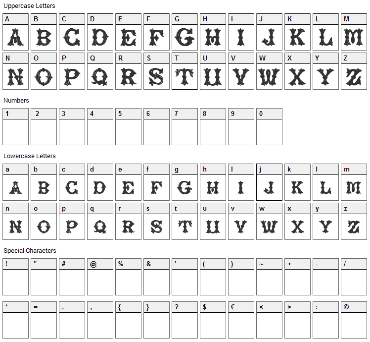 Rough Tuscan Font Character Map