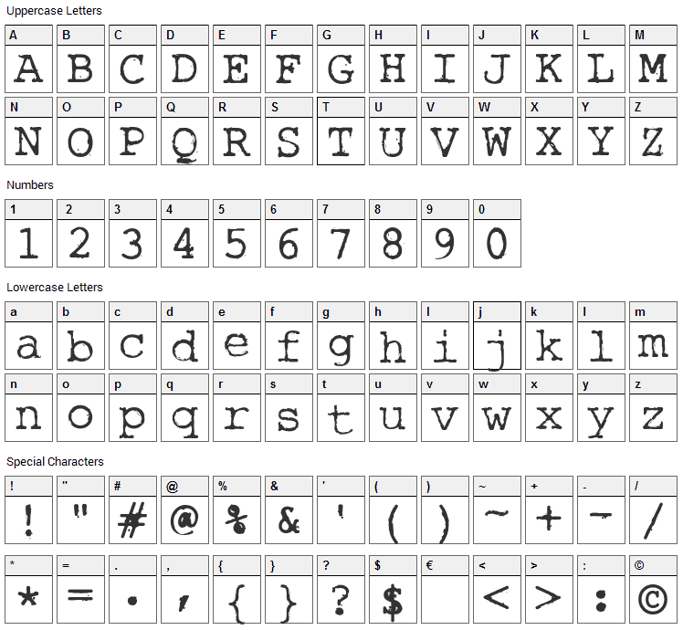 Rough Typewriter Font Character Map